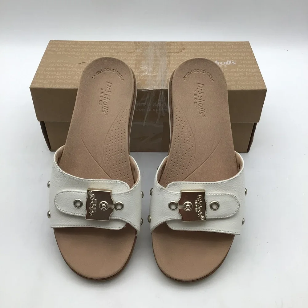 Dr Scholls So Original White Slide Sandals Buckle Studs Womens Size 7 M‎